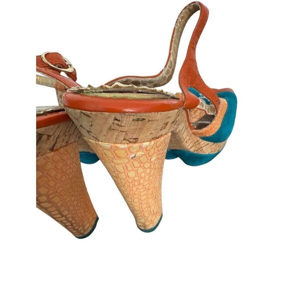 Poetic License London Orange Teal Peep Toe T-Strap Summer Fling Heels 8 - Picture 13 of 13